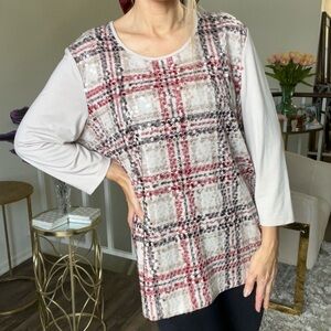 Gerry Weber Beige Red Plaid Sequin Pattern Round Neck 1/4 Sleeve Top Shirt Vtg16